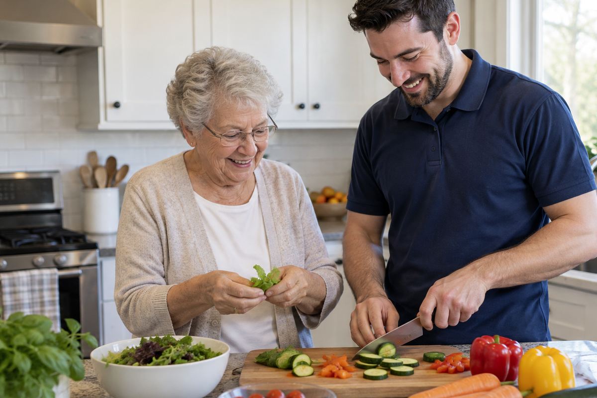 Caregiver and older woman cooking lunch together, in-home care in Houston