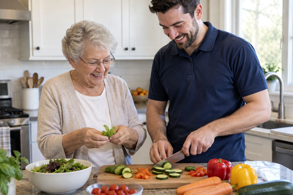 Caregiver and older woman cooking lunch together during an in-home visit in Harris County