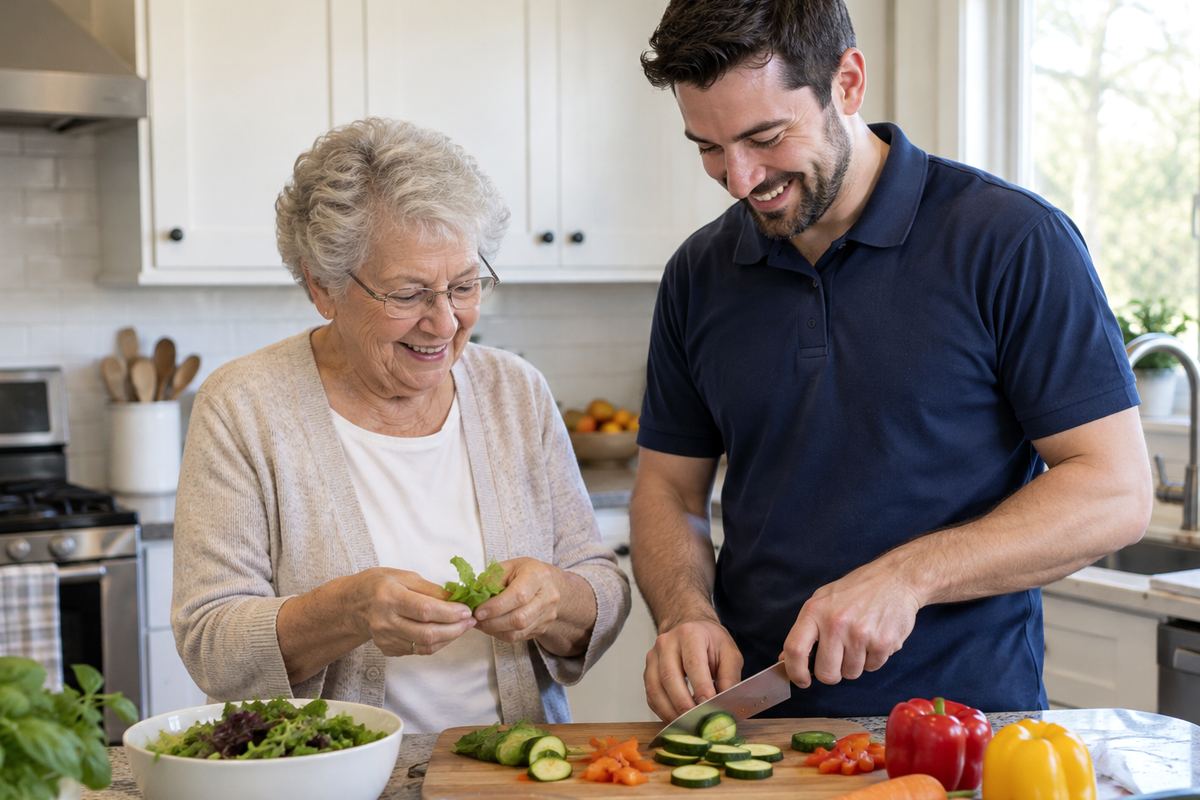 Caregiver and older woman preparing lunch together as part of senior home care Katy TX