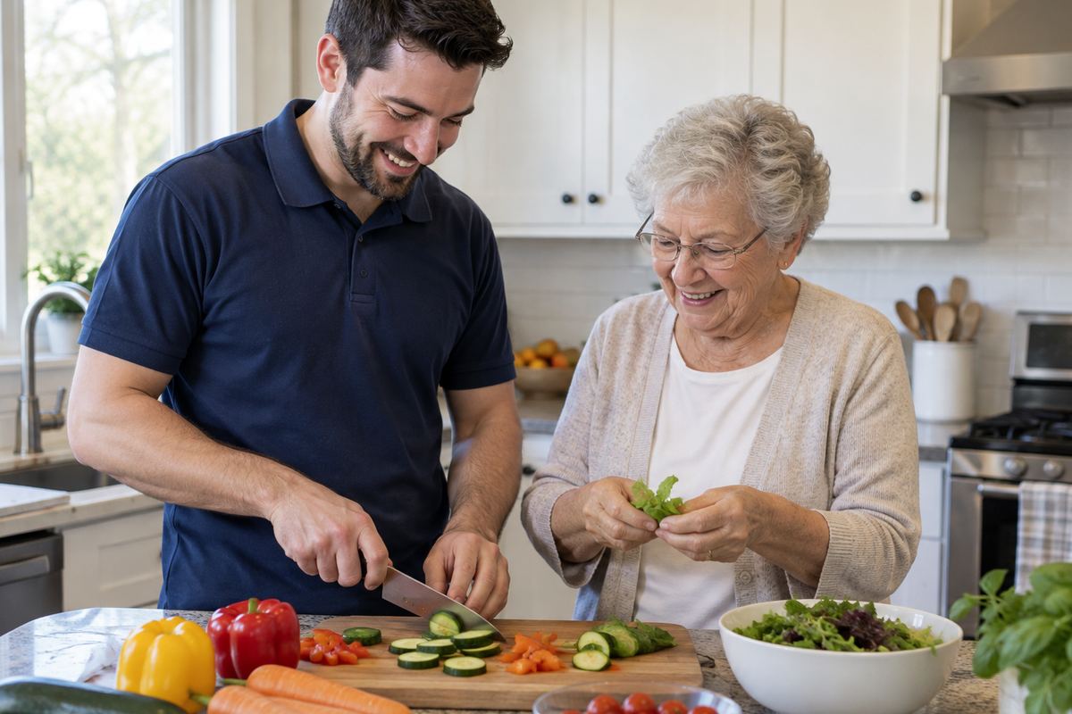 Caregiver and older woman cooking lunch together as part of in-home support in Lawndale