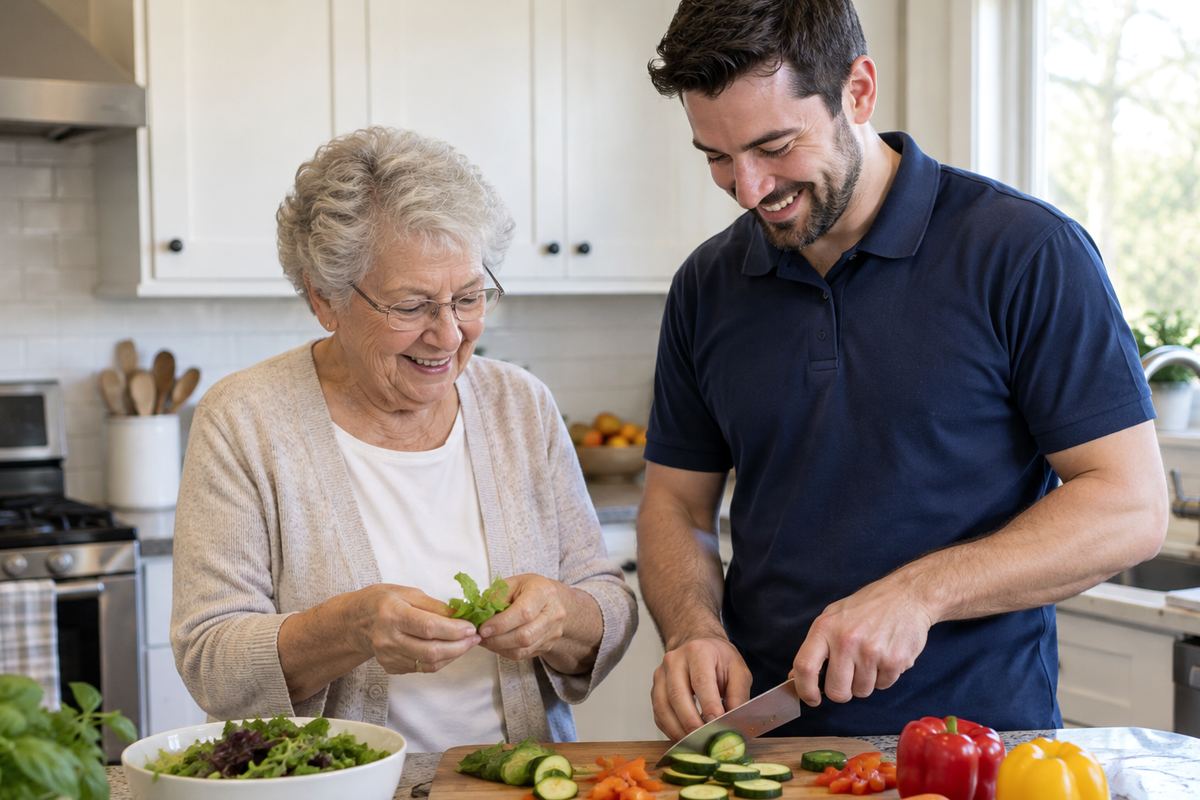 Caregiver and older woman cooking lunch together during in-home support in Lomita
