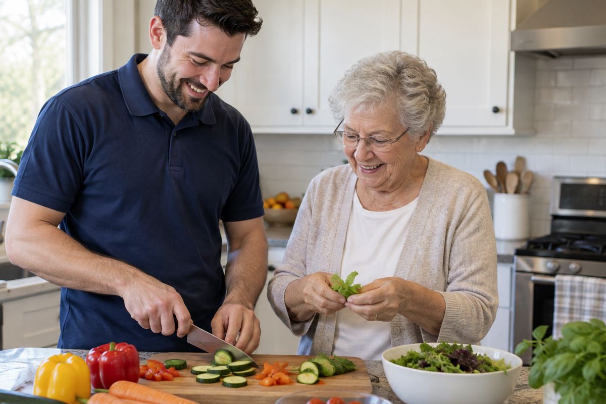 Caregiver and older woman cooking lunch together during in-home care in California