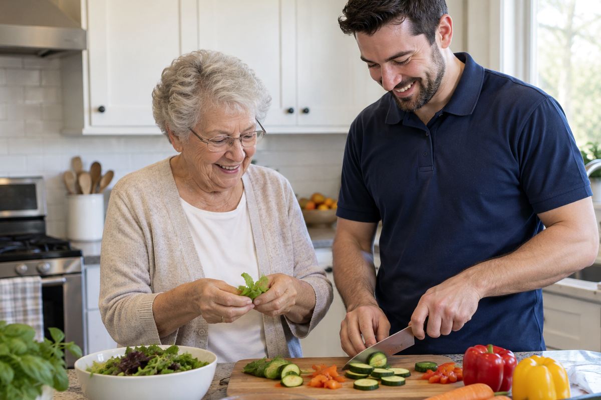 Caregiver and older woman cooking lunch together as part of senior home care Manhattan Beach CA