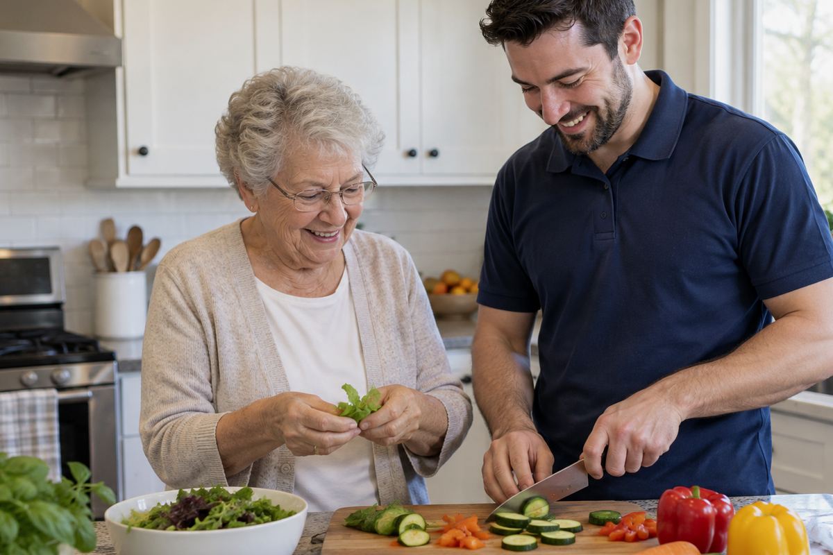 Caregiver and older woman cooking lunch together, in-home care in Mesa