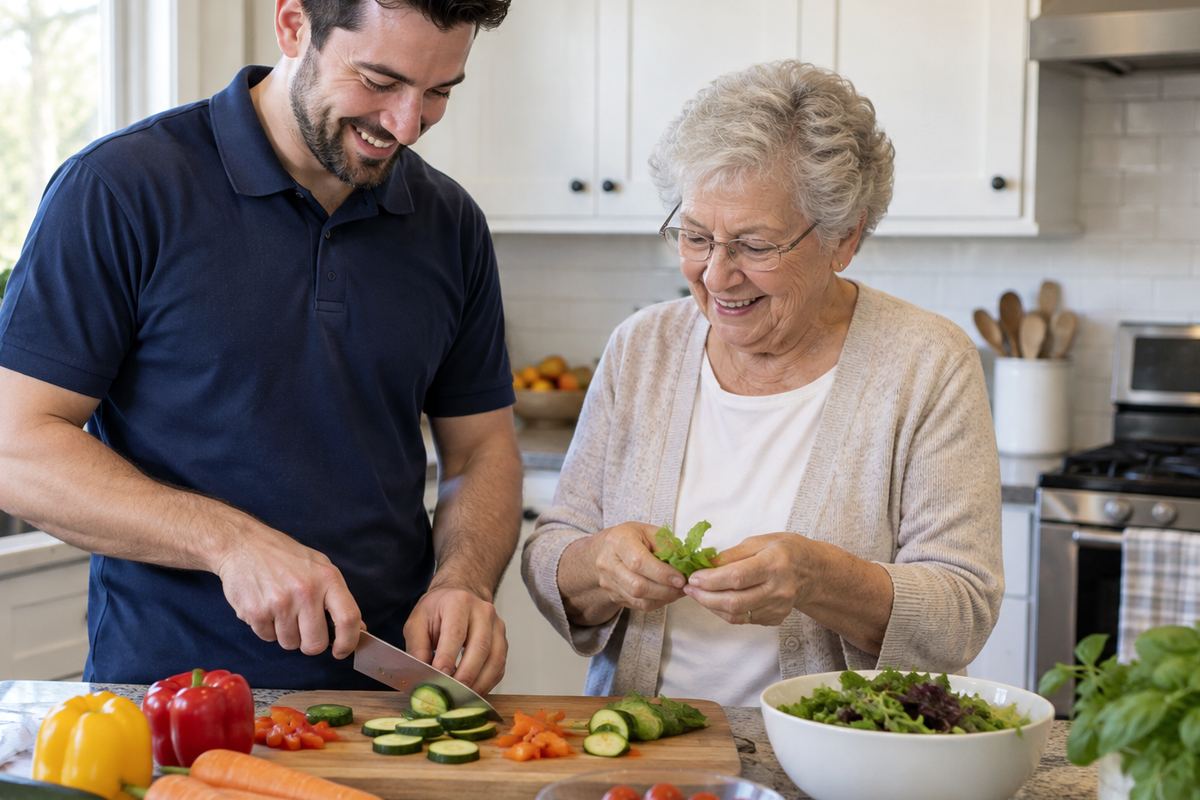 Caregiver and older woman cooking lunch together, senior home care Minneapolis MN