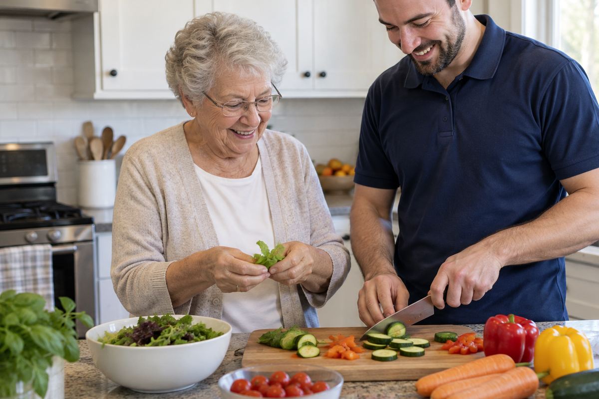 Caregiver and older woman cooking lunch as part of senior home care Minnetonka MN services