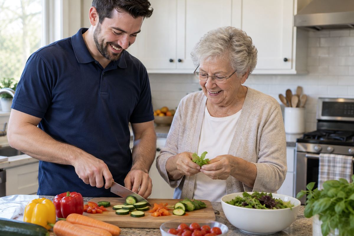 Caregiver and older woman cooking lunch together, part of senior home care New Braunfels TX