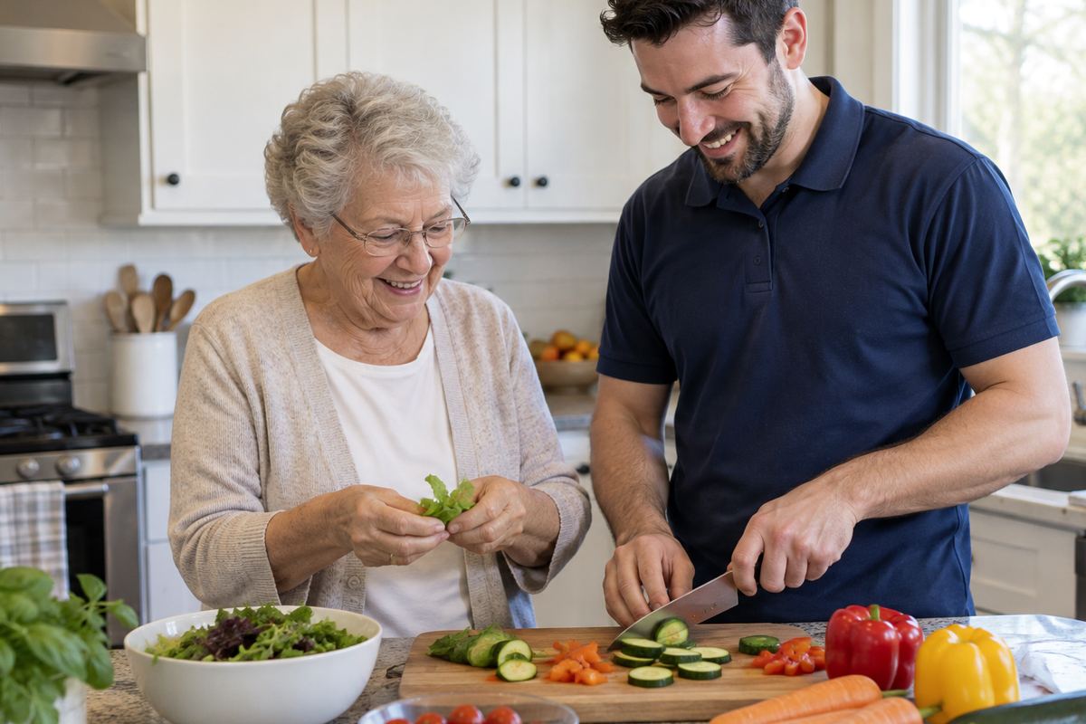 Caregiver and older woman cooking lunch together, part of senior home care Pasadena CA services