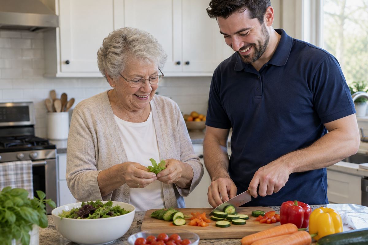 Caregiver and older woman cooking lunch as part of in-home care in Phoenix