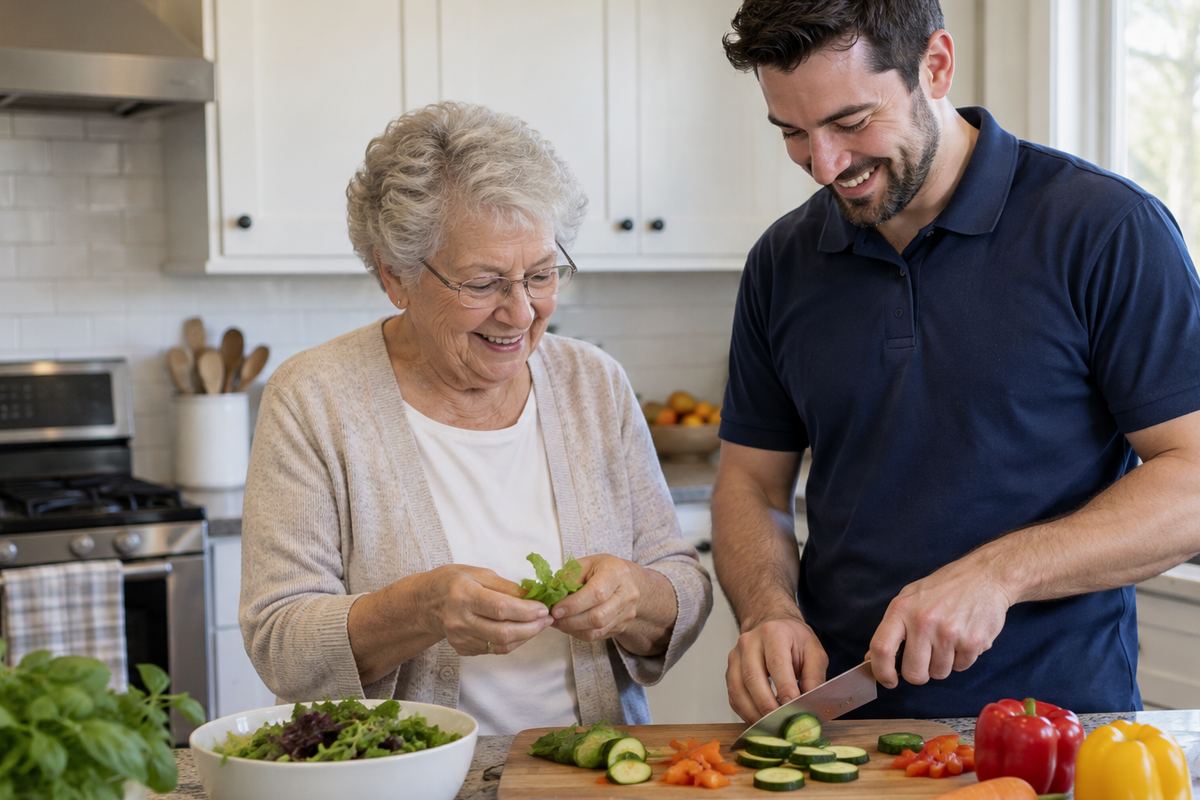 Caregiver and older woman cooking lunch together as part of senior home care Rancho Palos Verdes CA