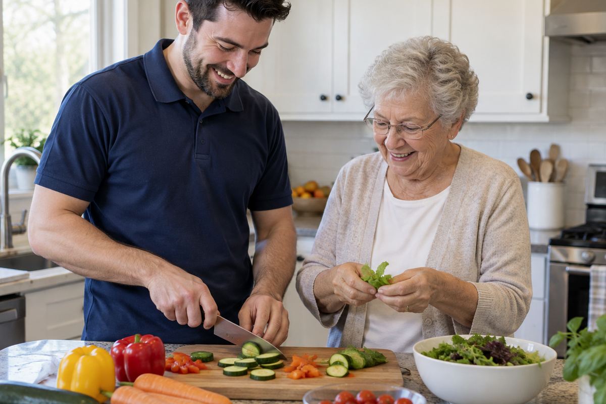 Caregiver and older woman cooking lunch together as part of senior home care in this California community