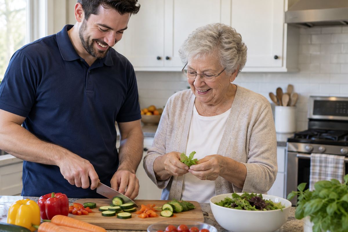 Caregiver and older woman cooking lunch together as part of senior home care Saint Paul MN