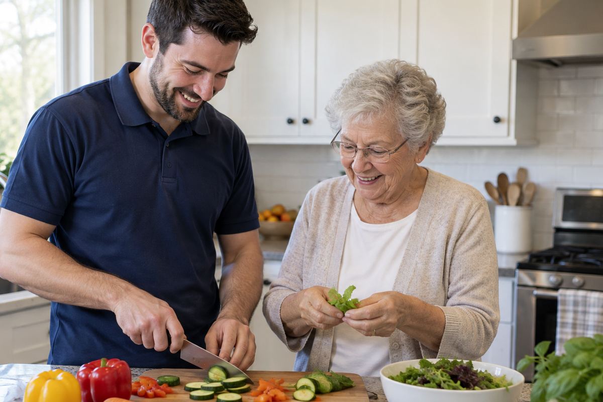 Caregiver and older woman cooking lunch together, part of in-home care in San Antonio