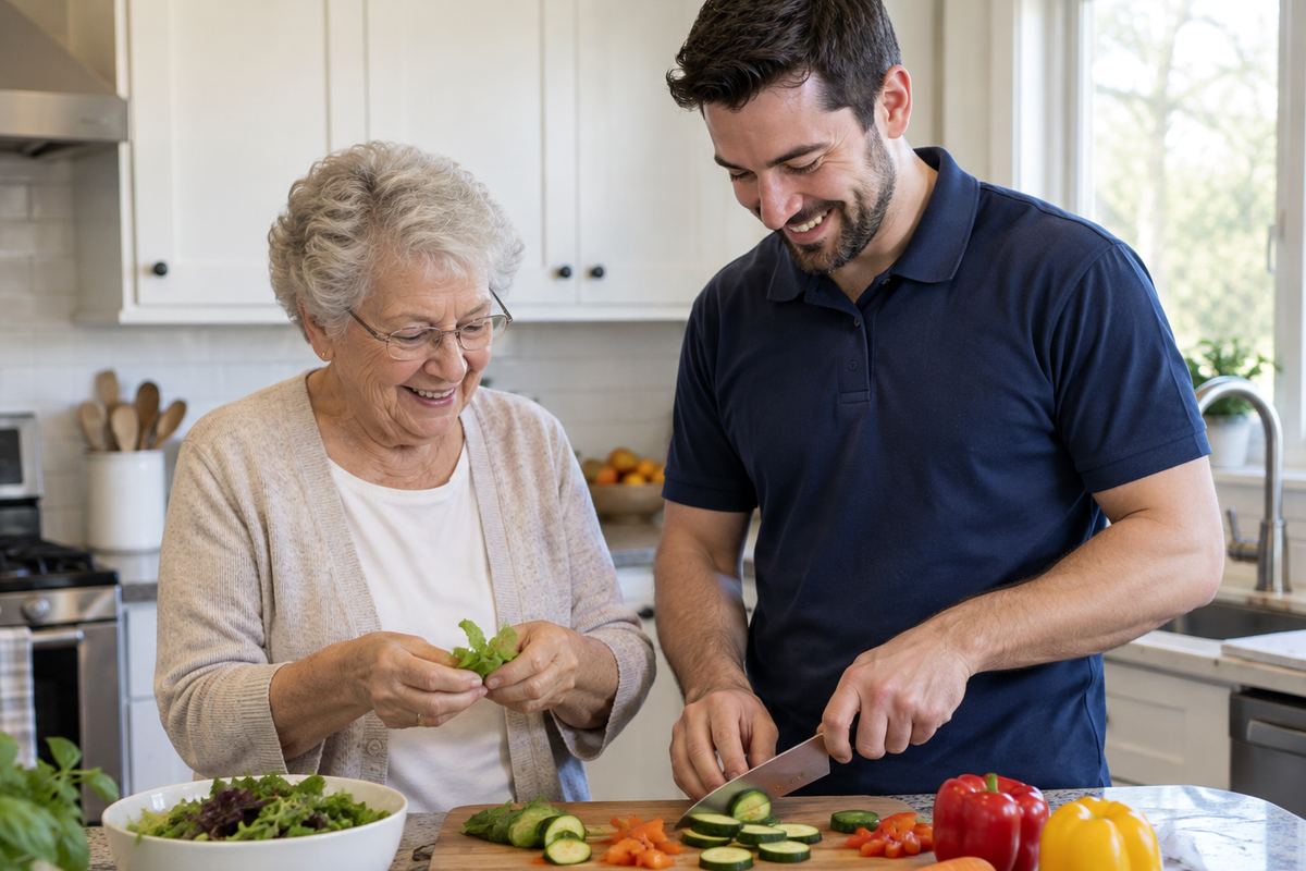 Caregiver and older woman cooking lunch together as part of senior home care San Pedro CA