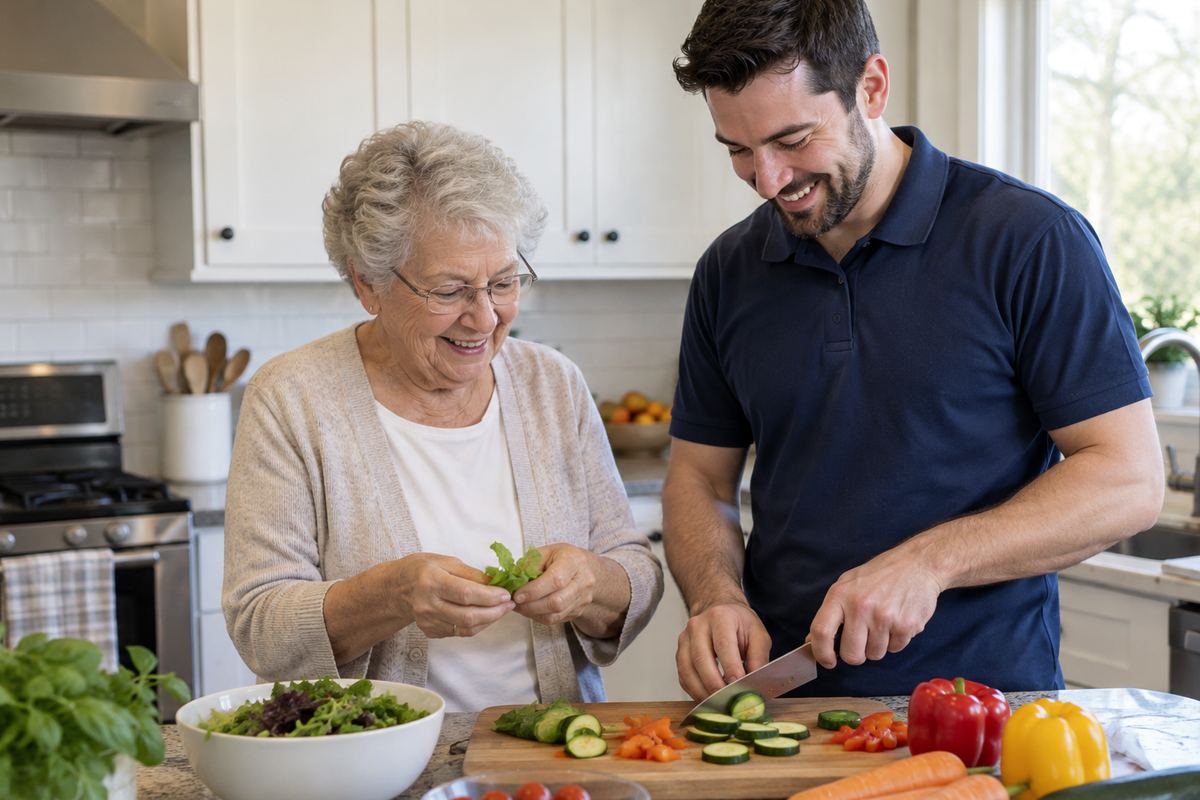 Caregiver and older woman cooking lunch together, part of senior home care Santa Monica CA