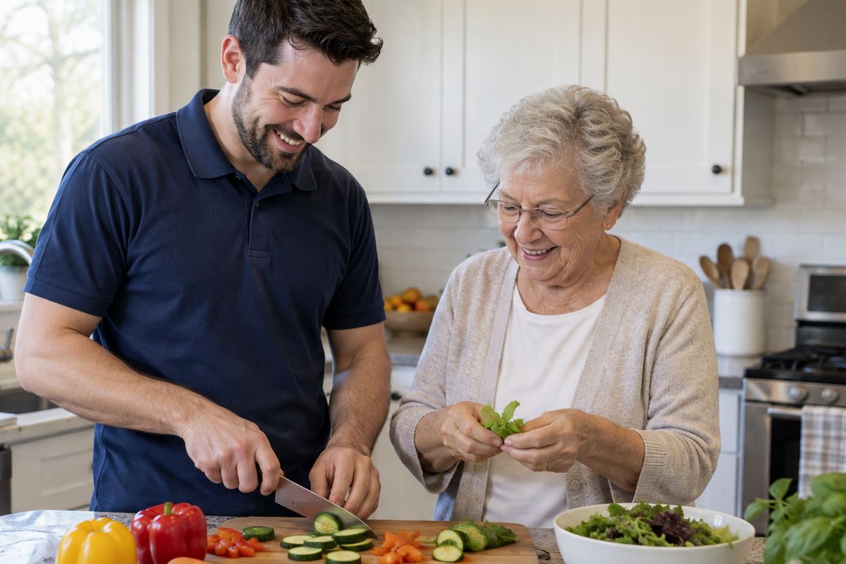Caregiver and older woman cooking lunch together as part of senior home care Schertz TX
