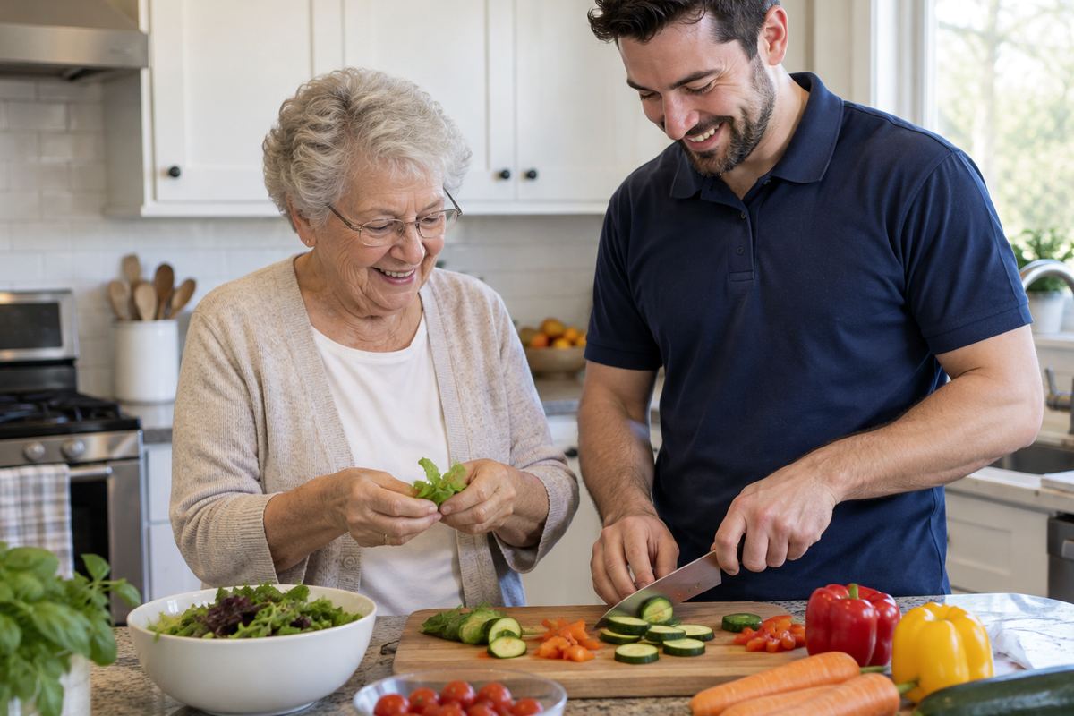 Caregiver and older woman cooking lunch together, part of senior home care Scottsdale AZ services
