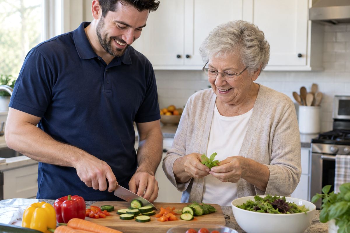 Caregiver and older woman cooking lunch together, part of in-home care in Guadalupe County