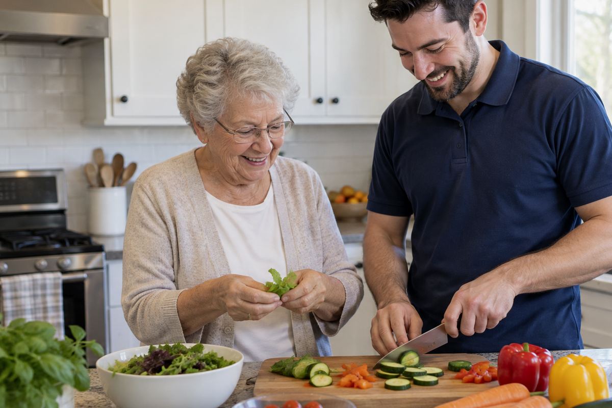 Caregiver and older woman cooking lunch together during in-home care in the area