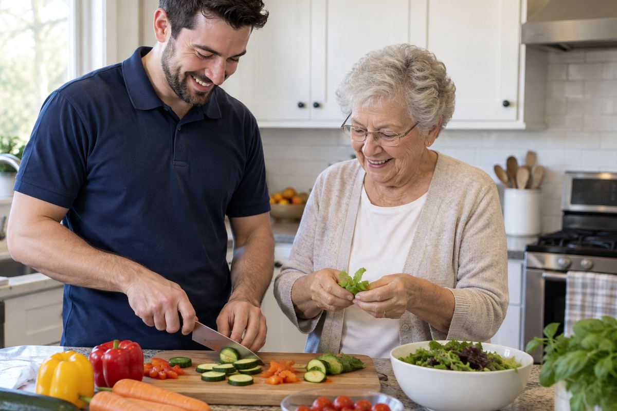 Caregiver and older woman preparing lunch together as part of senior home care Spring TX