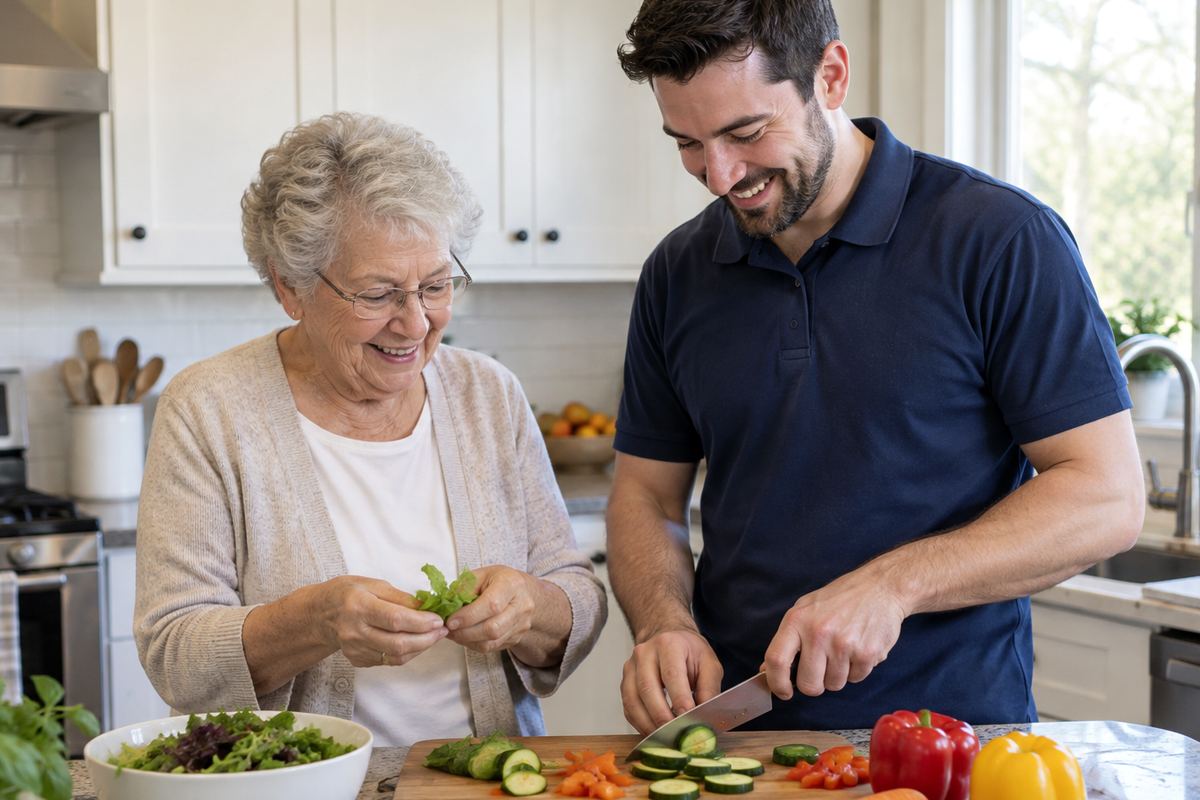 Caregiver and older woman cooking lunch together, an example of in-home support in Tomball