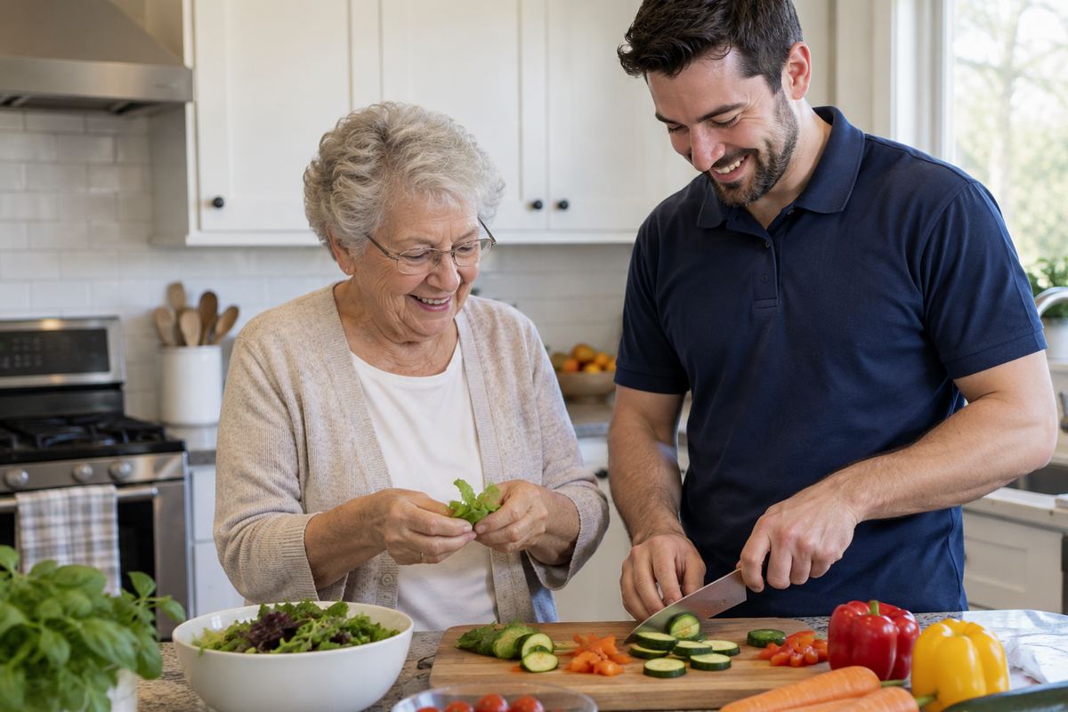 Caregiver and older woman cooking lunch together as part of senior home care Torrance CA
