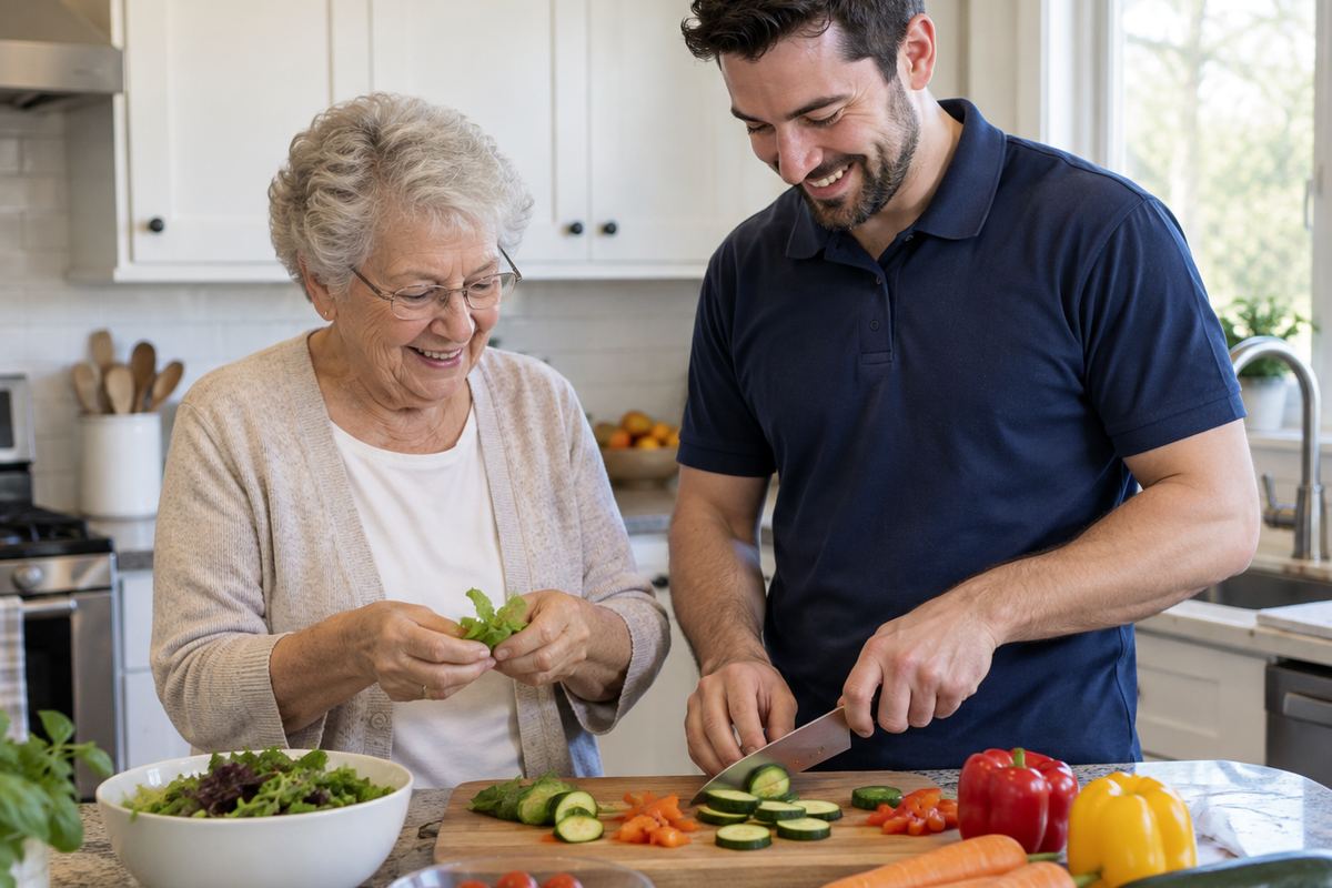 Caregiver and older woman cooking lunch together, part of senior home care in the Whittier area