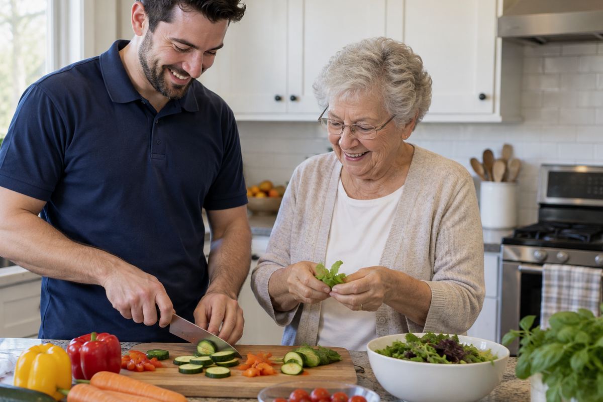 Caregiver and older woman cooking lunch together, part of in-home care near Wilmington, CA