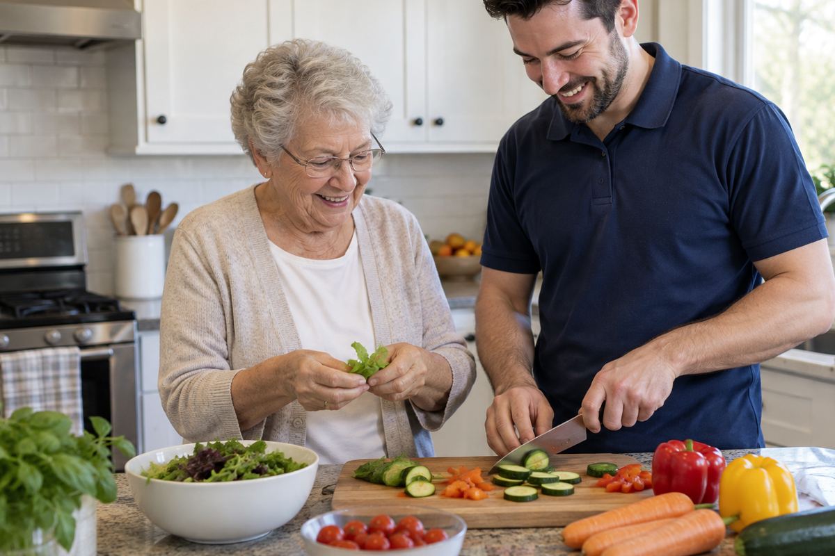 Caregiver and older woman cooking lunch together, part of senior home care that local families trust