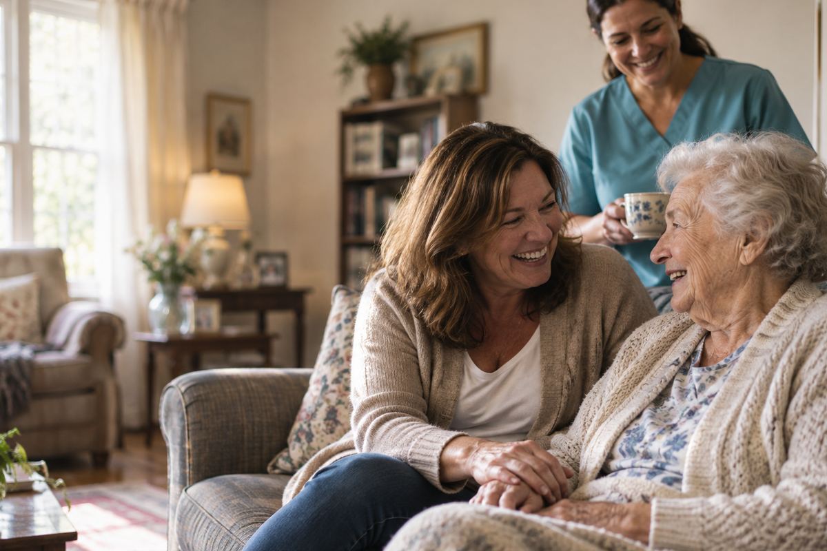 Caregiver with senior and daughter enjoying home care in Spring Branch, TX