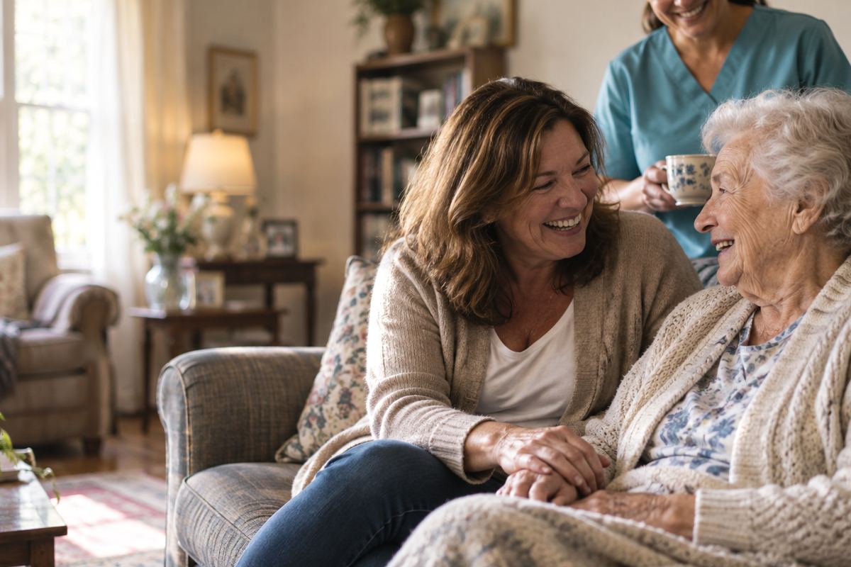 Caregiver sitting with senior and daughter during an in-home care visit in Spring, TX