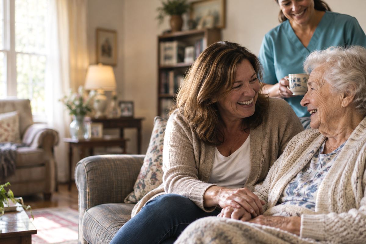 Caregiver with senior father and adult daughter at home, representing home care in Tomball TX