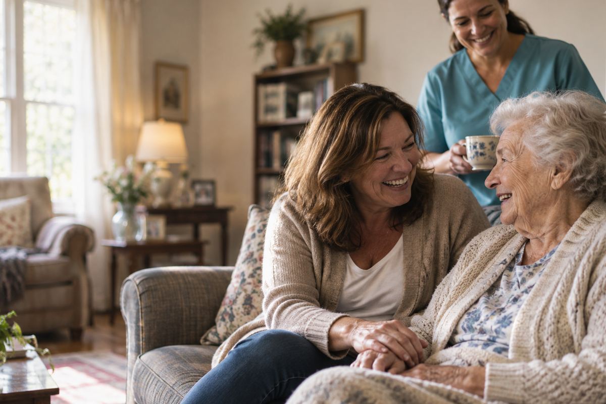 Caregiver with senior and daughter at home during in-home care in Torrance