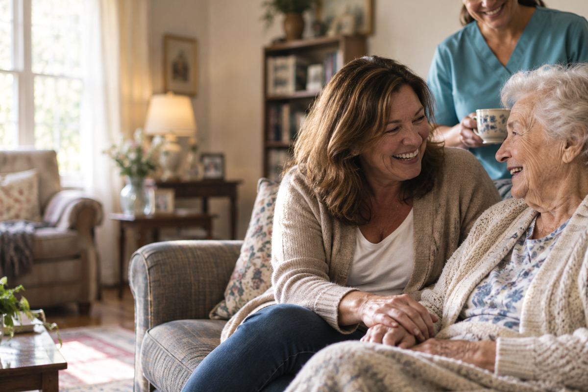 Caregiver with senior and daughter enjoying in-home care in Whittier, CA