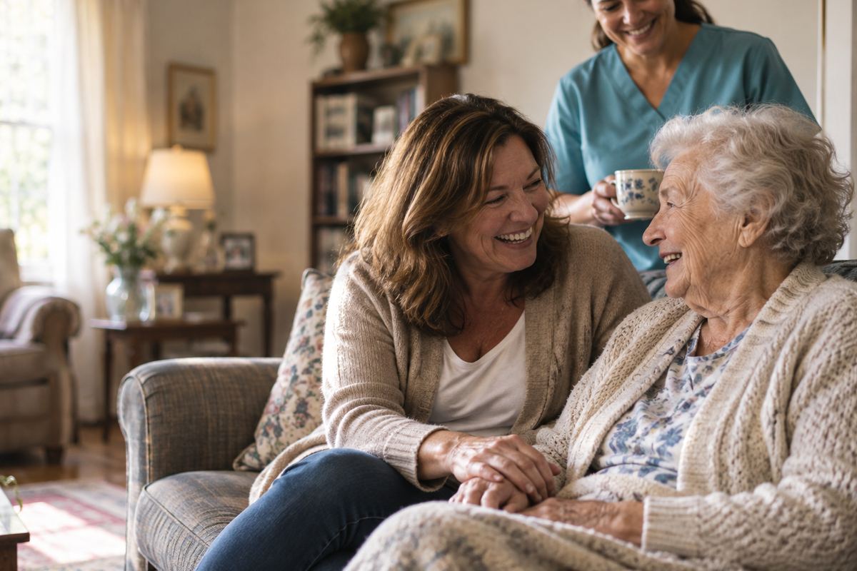 Caregiver with senior and daughter enjoying home care in Wilmington, CA