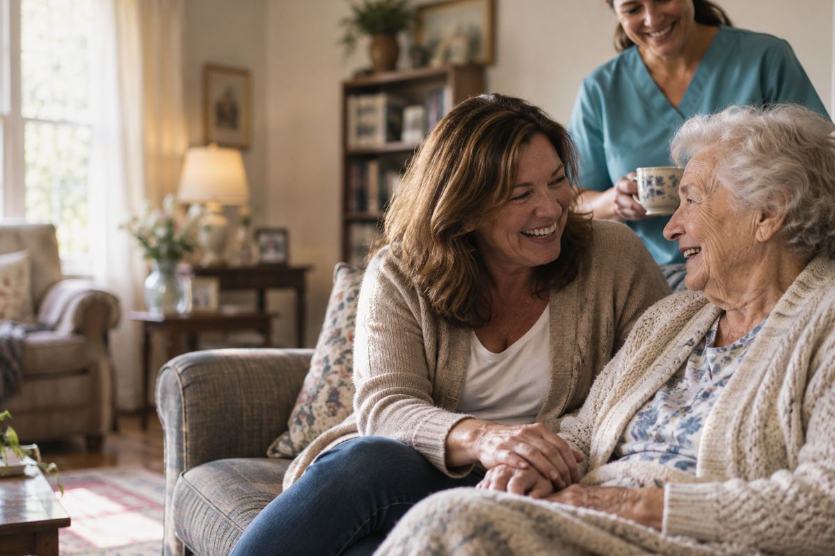 Caregiver with senior father and daughter sharing a moment during in-home care in Woodland Hills