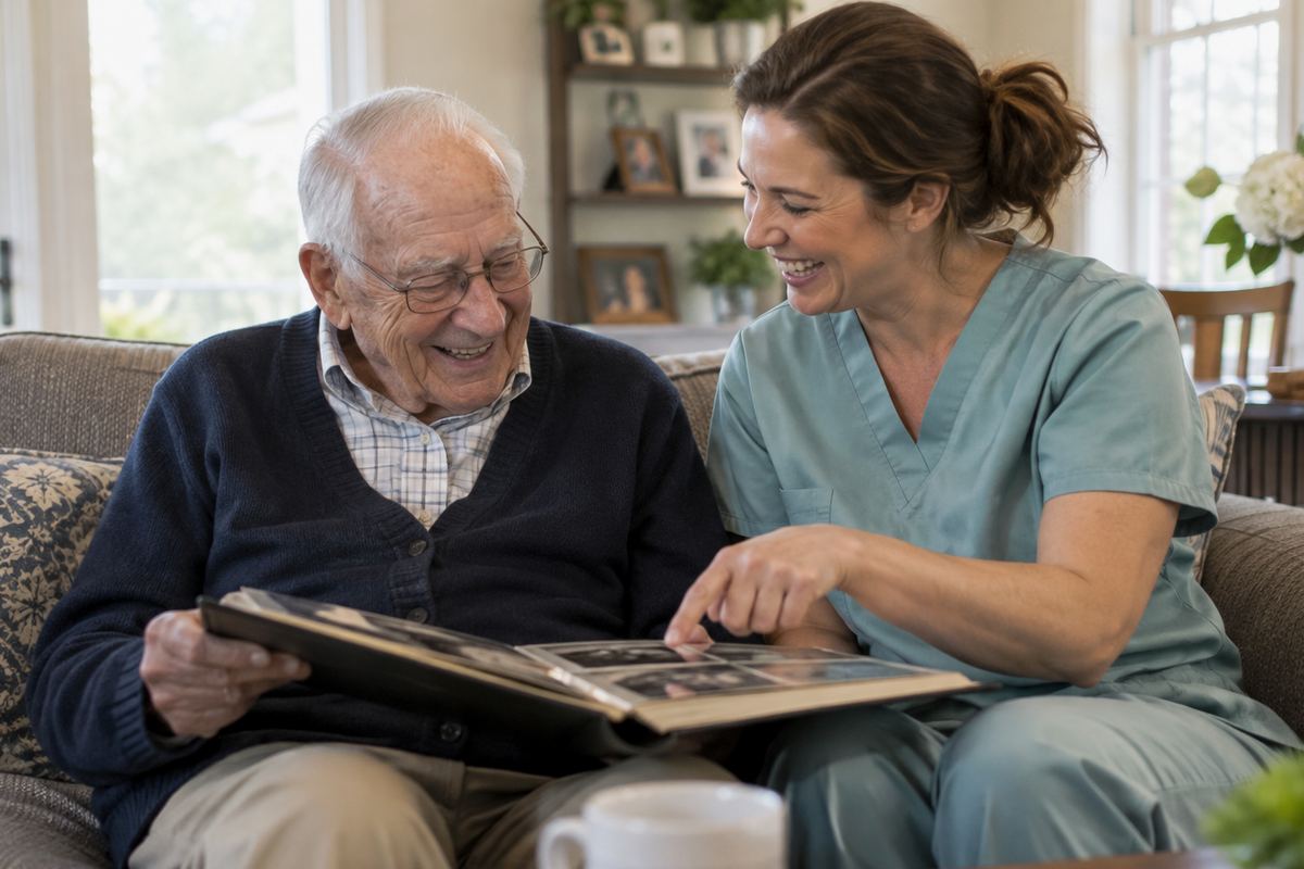 Caregiver and older man looking at a photo album, an example of companion care in Boerne