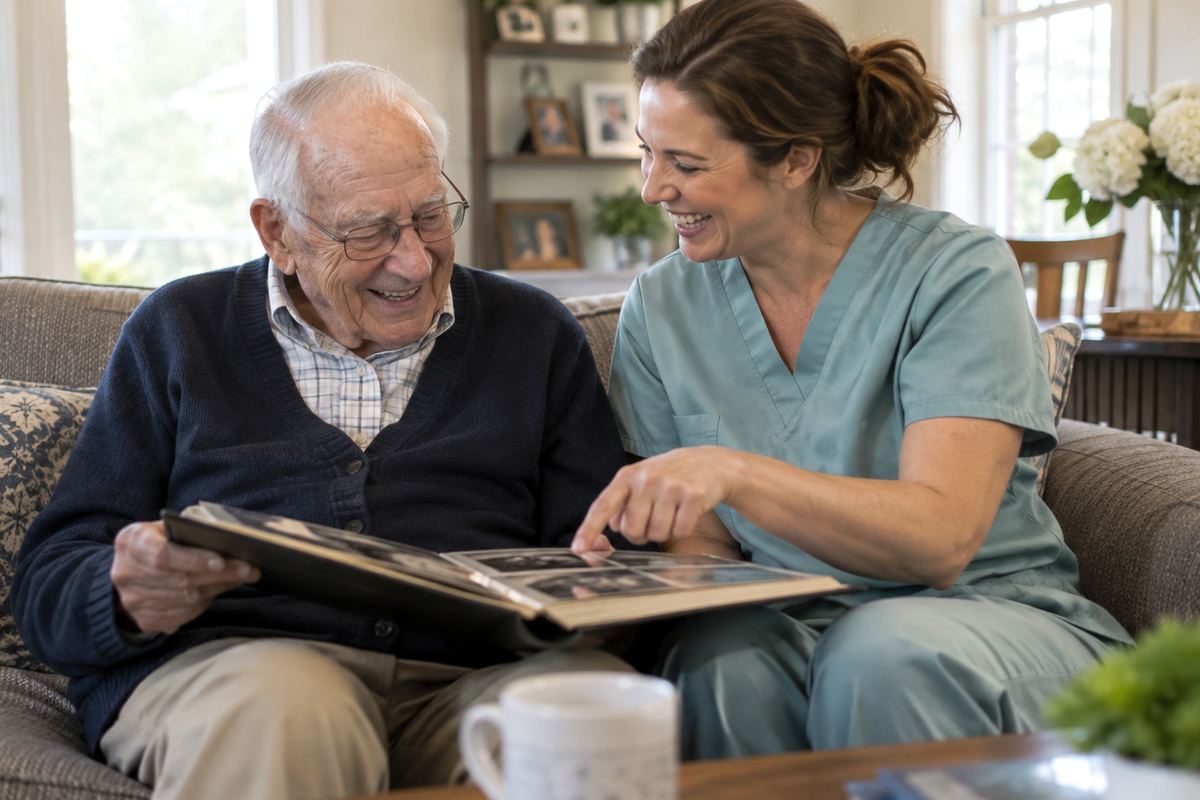 Caregiver and older man looking at a photo album on the sofa, companion care Canyon Lake