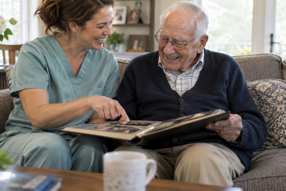 Companion care caregiver looking at a photo album with an older man during senior home care Carson CA
