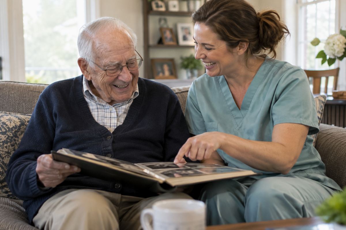 Caregiver and older man looking at a photo album during companion care in the Chandler area
