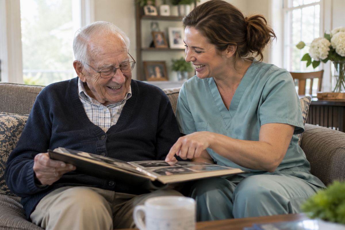 Caregiver and older man looking through a photo album, an example of companion care in Cibolo TX