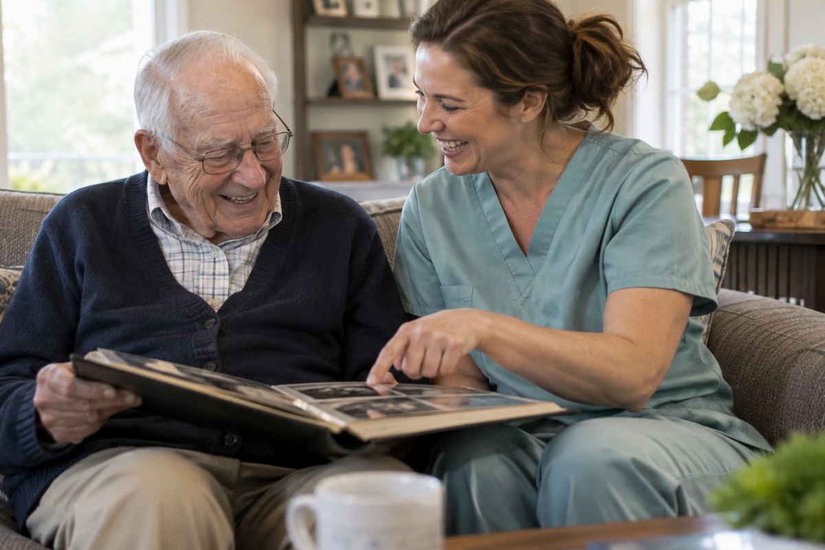Caregiver and older man looking through a photo album during companion care in Converse