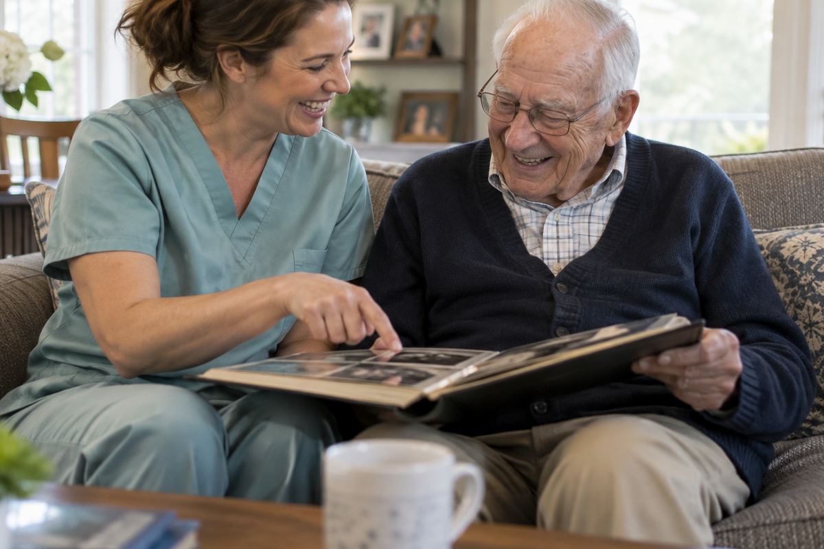 Caregiver and older man looking at a photo album, an example of companion care in Covina