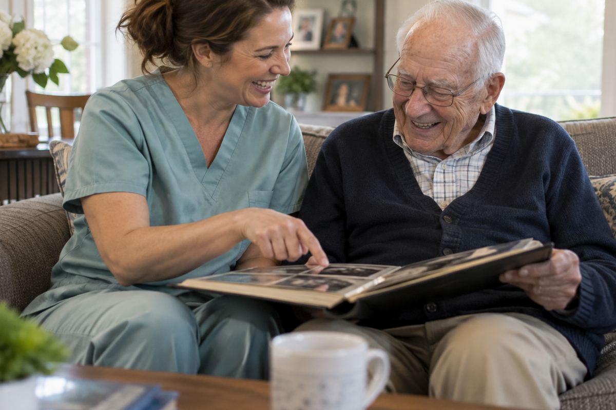 Caregiver and older man looking at a photo album, an example of companion care in the Cypress area
