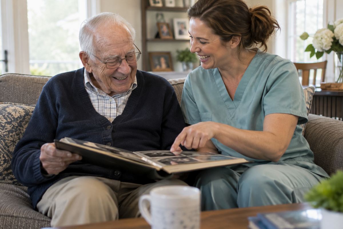 Caregiver and older man looking at a photo album, companion care in Eden Prairie