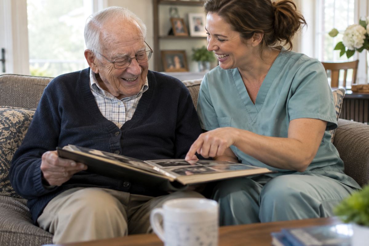 Caregiver and older man looking at a photo album during companion care in El Segundo CA