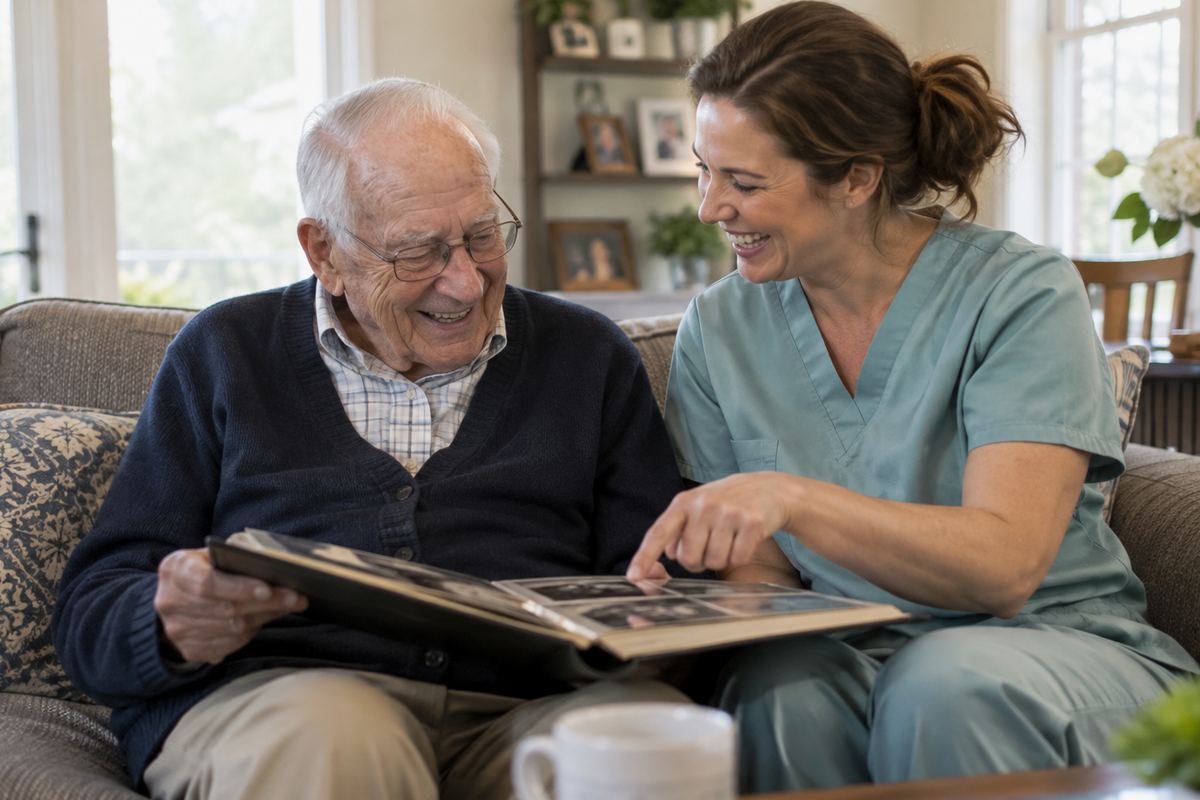 Caregiver and older man looking through a photo album together, an example of companion care in Floresville TX