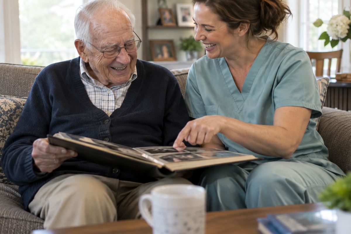 Caregiver and older man looking at a photo album, an example of companion care in Gardena CA
