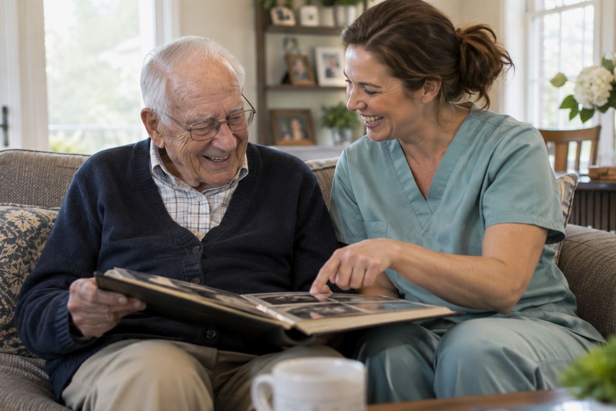 Caregiver and older man looking at photo album during companion care in Gilbert AZ