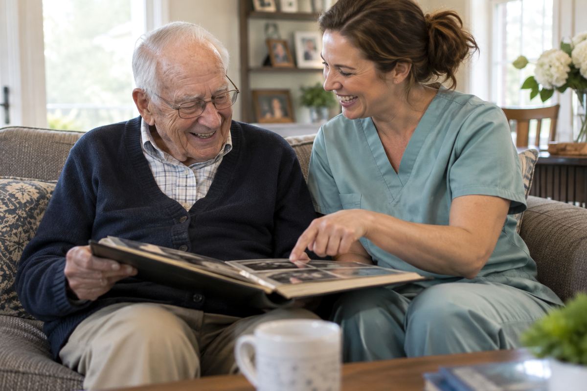 Caregiver and older man looking through a photo album during companion care in Harbor City CA